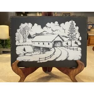 Jack Crane Covered Bridge White painting black Slate Wall Art. Frank Weng 12x8”
